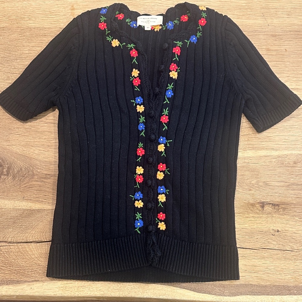 Sezane Black Short Sleeve Cardigan with Floral Embroidery